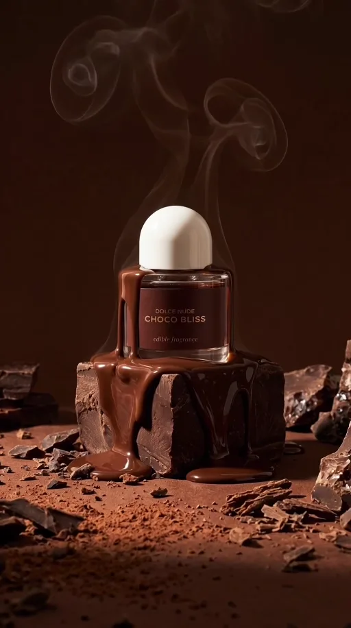 Creative video still: a perfume bottle surrounded by chocolate and rising smoke.