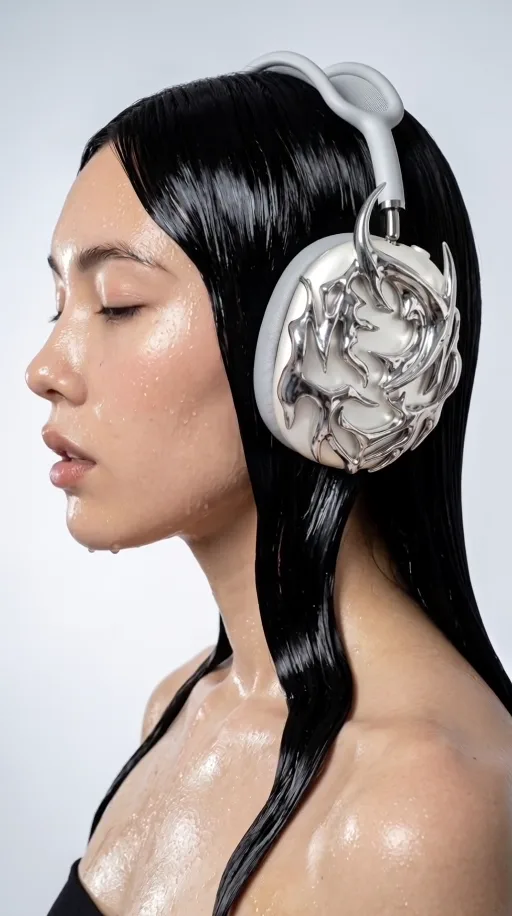Creative video still: a fashion portrait with sculptural metallic headphones.