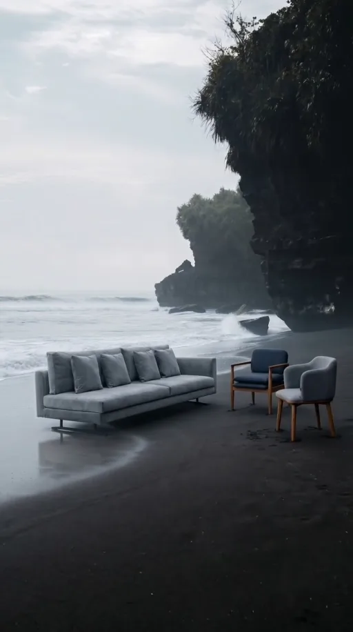 Furniture concept video still: grey seating beside the sea and dark coastal cliffs.