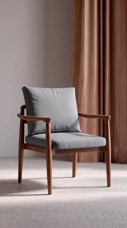 Furniture product video still: a wooden armchair with grey upholstery against warm curtains.