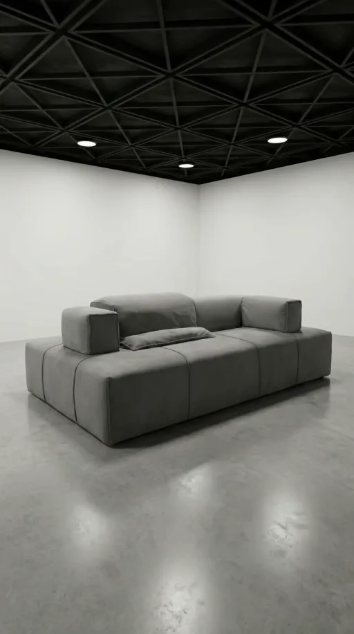 Furniture product video still: a grey sofa in a minimal room with a dark ceiling.