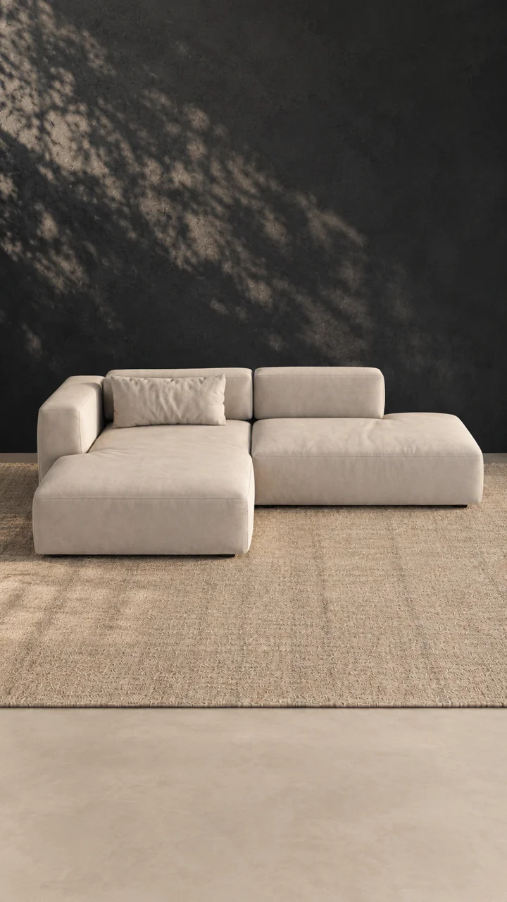 AI-created furniture visual: an ivory corner sofa against a graphite wall.