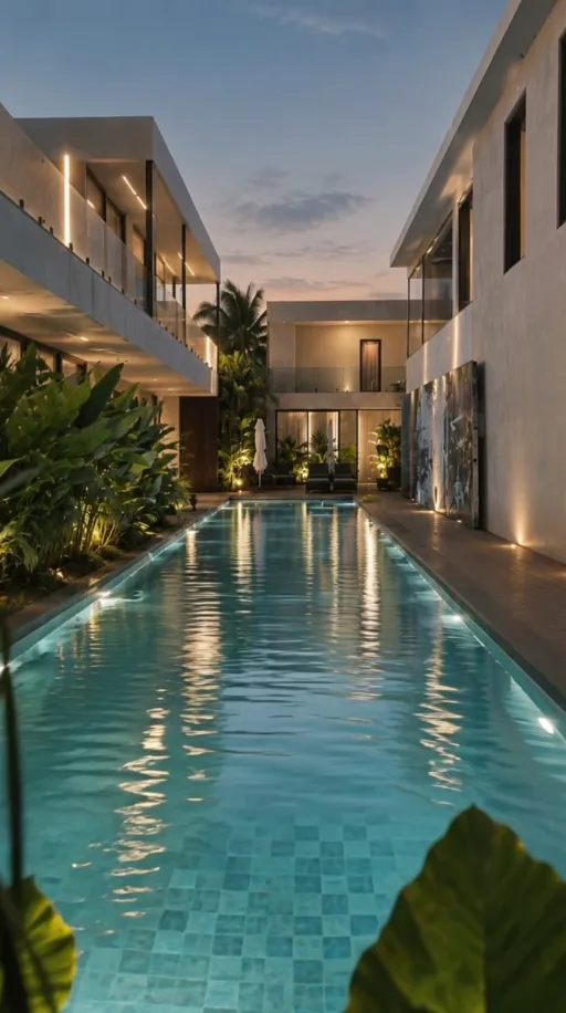AI-created hotel lifestyle reel: an outdoor pool between contemporary buildings at dusk.