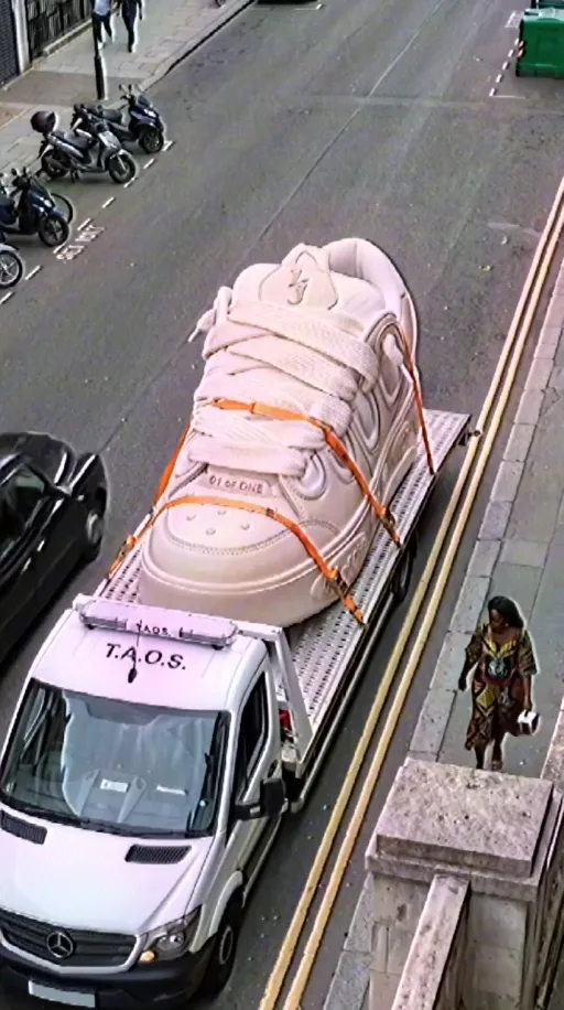 Creative video still: an oversized sneaker carried through a city street.