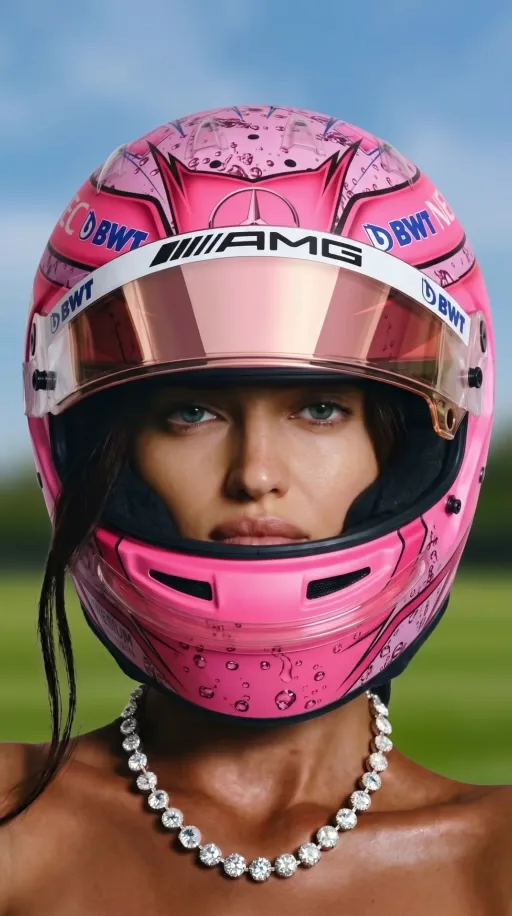 Creative video still: a portrait of a woman wearing a pink racing helmet.